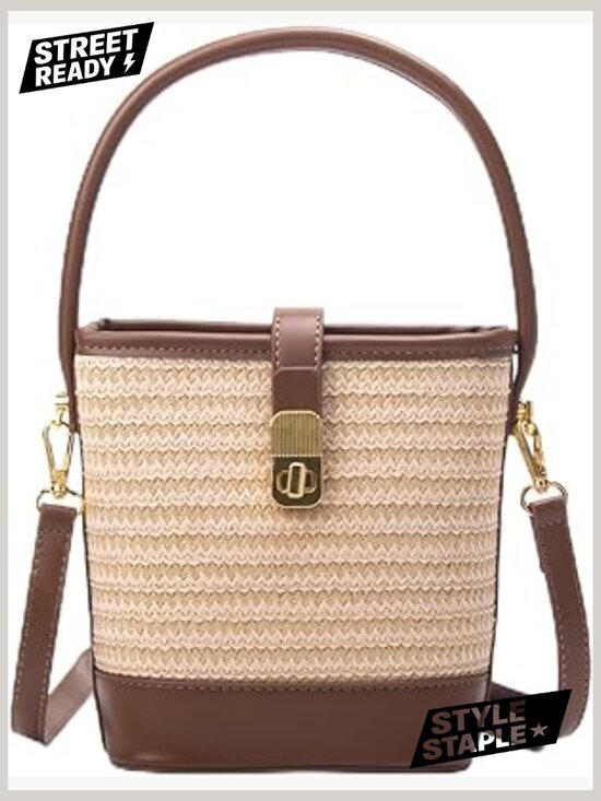 Handbags - Natural Straw Crossbody Bag with Twist Lock, Woven Summer Handbag for Women